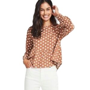 Jillian Harris x Joe Fresh Brown w White Polka-dot Long Sleeve Peplum Pullover S